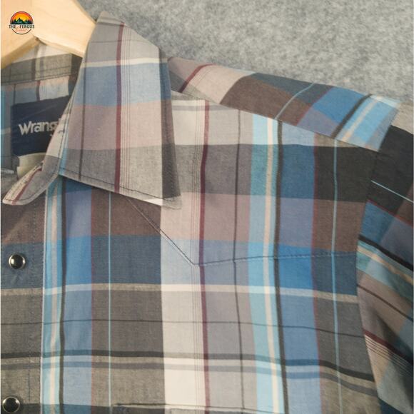 Wrangler Pearl Snap Button-Up Shirt Gray Blue Plaid Cotton Long Sleeve Men's M - Picture 10 of 11